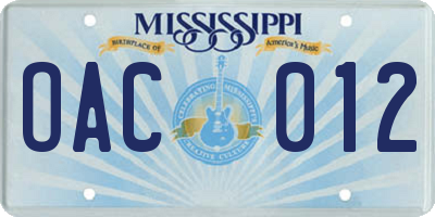 MS license plate OAC012