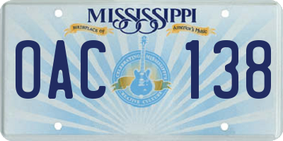 MS license plate OAC138