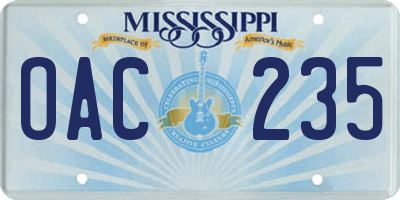 MS license plate OAC235