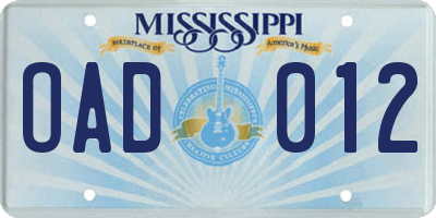 MS license plate OAD012