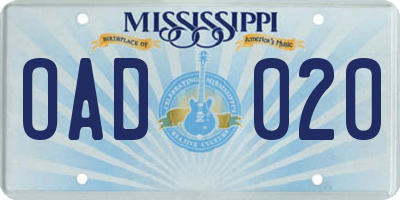 MS license plate OAD020