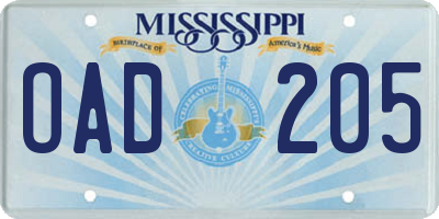 MS license plate OAD205