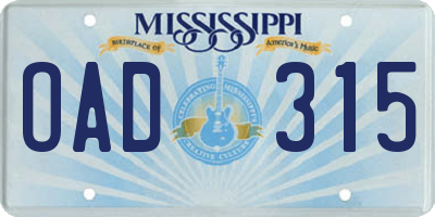 MS license plate OAD315