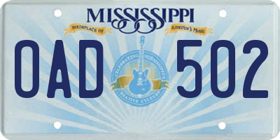 MS license plate OAD502