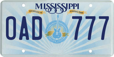 MS license plate OAD777
