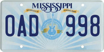MS license plate OAD998
