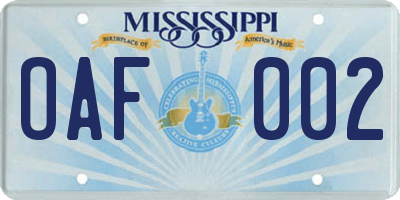 MS license plate OAF002