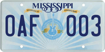 MS license plate OAF003