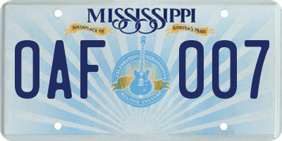MS license plate OAF007
