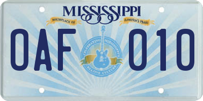 MS license plate OAF010