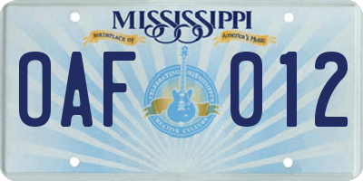 MS license plate OAF012