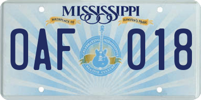MS license plate OAF018