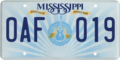 MS license plate OAF019