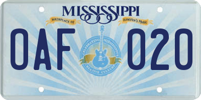 MS license plate OAF020