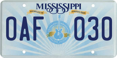 MS license plate OAF030