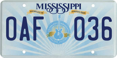 MS license plate OAF036