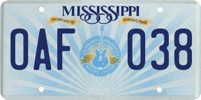 MS license plate OAF038