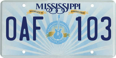 MS license plate OAF103