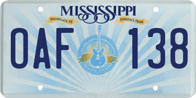 MS license plate OAF138