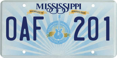 MS license plate OAF201