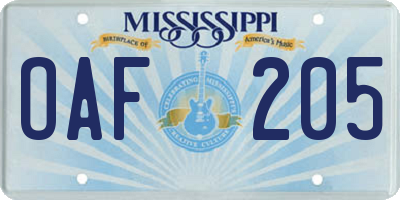 MS license plate OAF205