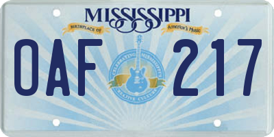 MS license plate OAF217