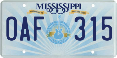 MS license plate OAF315