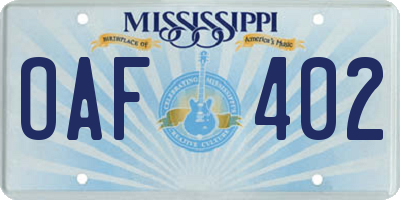 MS license plate OAF402