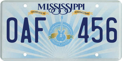 MS license plate OAF456