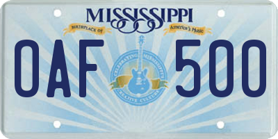 MS license plate OAF500