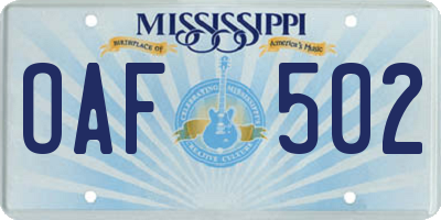 MS license plate OAF502