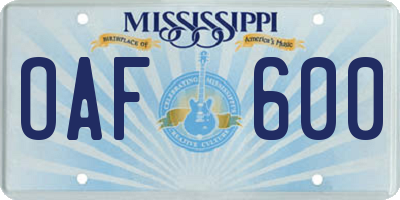 MS license plate OAF600