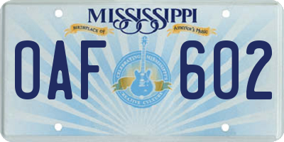 MS license plate OAF602