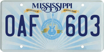 MS license plate OAF603