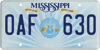 MS license plate OAF630