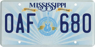 MS license plate OAF680