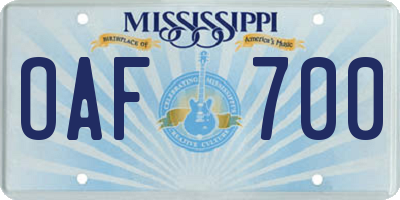 MS license plate OAF700