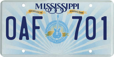 MS license plate OAF701
