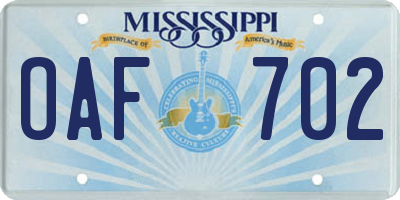 MS license plate OAF702