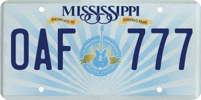 MS license plate OAF777