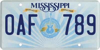 MS license plate OAF789