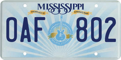 MS license plate OAF802