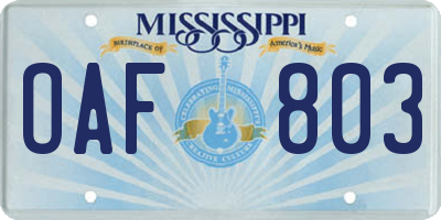 MS license plate OAF803