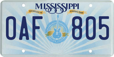 MS license plate OAF805
