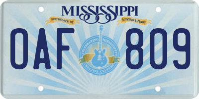 MS license plate OAF809