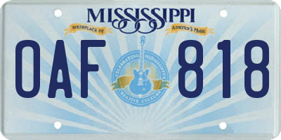 MS license plate OAF818