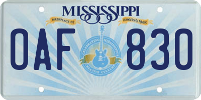 MS license plate OAF830