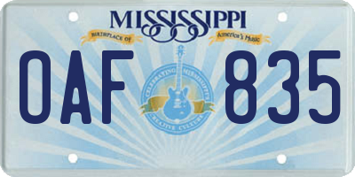 MS license plate OAF835