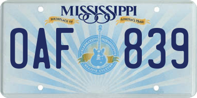 MS license plate OAF839