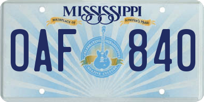 MS license plate OAF840